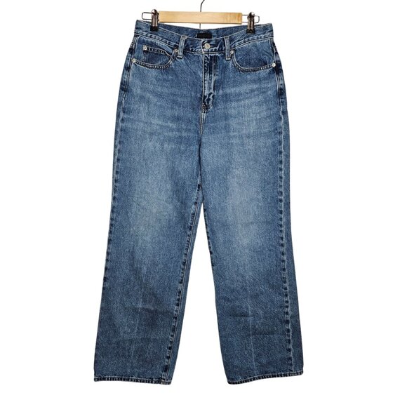 Uniqlo 100% Cotton Straight Leg High Rise 5 Pocket Jeans Medium Blue Wash Sz 27 - Picture 1 of 9